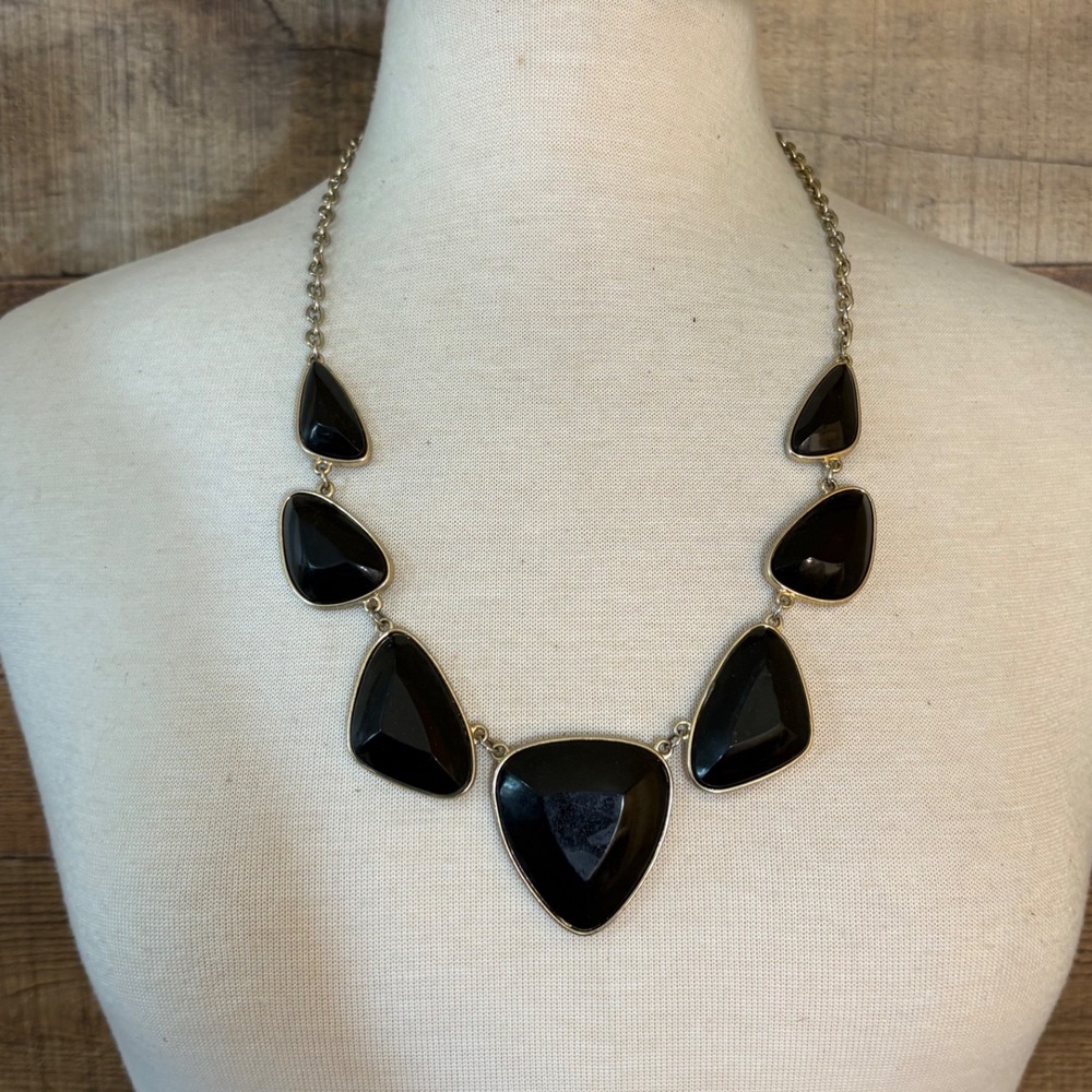 Gold Tone Black Resin Geometric Bib Statement Necklace